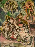 - Men Fighting At Edge of Forest- dry brush by Paul B. Travis, watercolor, tears at edges of paper, paper age toned slightly, offered Sep 2018