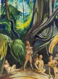 - African Jungle Scene with Mothers and Children- by Paul B. Travis, watercolor on paper, 1928, offered Sep 2018