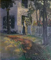 Roy Bryant Weimer, - Girl by Garden Gate-, oil on canvas, 1923