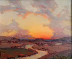 Charles William Duvall, - Landscape at Sunset-, oil on canvas, 1952, singed Ch. Wm. Duvall 52 lower right, some cracking to paint surface