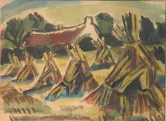 Carl Rabus, - Haystacks in a Field-, watercolor on paper