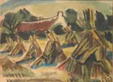 Carl Rabus, - Haystacks in a Field-, watercolor on paper
