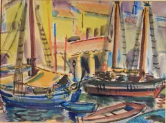 Carl Rabus, - Harbor Scene-, watercolor on paper