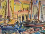Carl Rabus, - Harbor Scene-, watercolor on paper