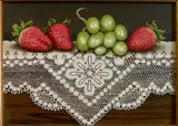 Sue Wall, - Still-Life with Strawberries and Grapes-, acrylic on board