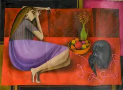 John Ulbricht, - Woman with Cat-, oil on canvas