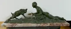 Jacques Limousin, - Girl and Goat- white metal sculpture, set on, marble plinth. 6 1/4'', 19 1/2''