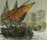 Hans Figura, - Venezia-, etching in colors on silk, c. 1950