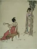 Elyse Ashe Lord, - ''Conversation''-, etching and drypoint with hand coloring, c. 1926