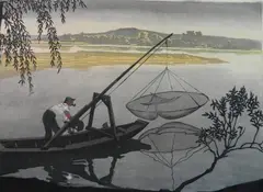 Hugo Noske, - Fisherman Casting a Net-, woodcut in colors