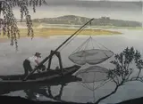 Hugo Noske, - Fisherman Casting a Net-, woodcut in colors