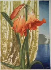 Hugo Noske, - Day Lilies by the Water-, woodcut in colors