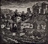 Albert Abramovitz, - ''Los Angeles Scene''-, linocut