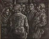 Albert Abramovitz, - Meeting in Shaft- wood, engraving