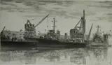 John Taylor Arms, - ''Destroyers in Wet Basin at Federal Shipbuilding & Drydock Company'' (Fletcher 377)-, etching, 1942