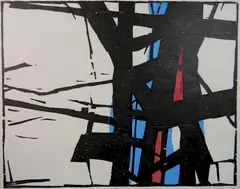 Robert Conover, - ''Cityscape''-, woodcut in colors, 1957