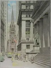 Karl Dehmann, - ''Wall Street and Subtreasury''-, etching and aquatint in colors, c. 1940