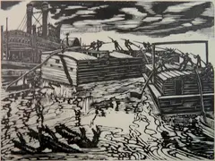 Michael J. Gallagher, - ''Mississippi River Craft''-, woodcut