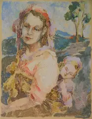 Edna Gass, - ''Les Refugees''-, monotype in colors