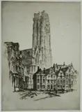 Otto Kuhler, - ''St. Rombault, Mighty Marvel of Malines''-, etching, 1928