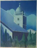 - ''Carmel Mission''- by Shirley Ximena Hopper Russell, woodcut in colors, ca. 1935, offered Dec 2015