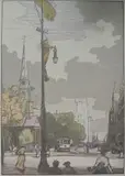 Rudolph Ruzicka, - ''Broad Street at Military Park''- wood, engraving in colors, 1916