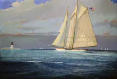 Schooner Passing Brant Point Light by William W. Lowe, Oil on Linen Canvas, offered Jul 2015