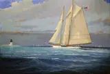 William W. Lowe, Schooner Passing Brant Point Light, Oil on Linen Canvas