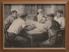 Card Game by Anton Otto Fischer, Oil on Canvas Black and White Illustration, offered Jul 2015
