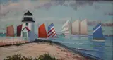 William W. Lowe, Rainbow Fleet Rounding Brant Point Light, Oil on Linen Canvas