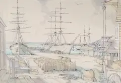 Historic Nantucket Wharf Scene by Warren Krebs Watercolor and, Ink on Paper, offered Jul 2015
