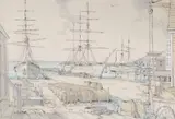 Historic Nantucket Wharf Scene by Warren Krebs Watercolor and, Ink on Paper, offered Jul 2015
