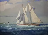 William W. Lowe, Yacht Heading into Nantucket Harbor, Oil on Canvas