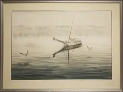 View of the Sailboat Brumble in Nantucket Harbor by C. Robert Perrin, Watercolor on Paper, offered Aug 2015