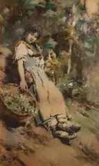 Enrico Gamba, The Grape Picker, Watercolor on Paper