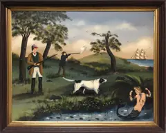 Ralph Eugene Cahoon, Duck Hunting, oil on Masonite depicting two hunters and pointer