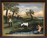 Ralph Eugene Cahoon, Duck Hunting, oil on Masonite depicting two hunters and pointer
