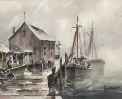 John Cuthbert Hare, Two Fishing Boats at Dock on a Foggy Afternoon, Watercolor on Paper