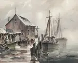 John Cuthbert Hare, Two Fishing Boats at Dock on a Foggy Afternoon, Watercolor on Paper