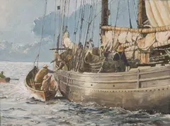 Bert Wright, Launching the Dory, Oil on Board