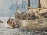 Launching the Dory by Bert Wright, Oil on Board, offered Jul 2013