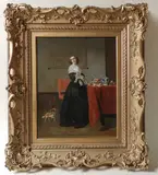 Why Doesn’t He Come Home by Johannes Cornelius Mertz, oil on mahogany panel full portrait of a young lady and dog in an interior, offered Aug 2013