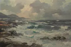 California Rocky Coast Line by Alexander Dzigurski, oil on canvas, offered Aug 2013