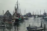 Julius Delbos, Harbor Scene, Watercolor on Paper