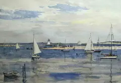 Julius Delbos, Sailing on a Calm Day, Watercolor on Paper