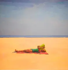 Graham Nickson, Bather with Reflector,, circa 1982, acrylic on canvases divided at the horizon. A Hirschl and Adler label on reverse