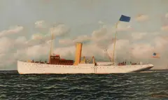 Portrait of the Sandy Hook by Antonio Jacobsen, oil on board of the American white hull steam sailor heading out to sea with lighthouse on, offered Aug 2012