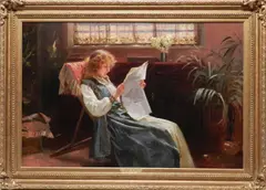 Alexander Mark Rossi, The Morning News, oil on canvas genre interior scene of a young woman reading the morning news
