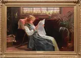 The Morning News by Alexander Mark Rossi, oil on canvas genre interior scene of a young woman reading the morning news, offered Aug 2012