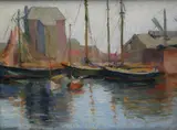 Sailboats Tied to Nantucket Dock by Elizabeth Saltonstall, oil on artist’s board, offered Aug 2010